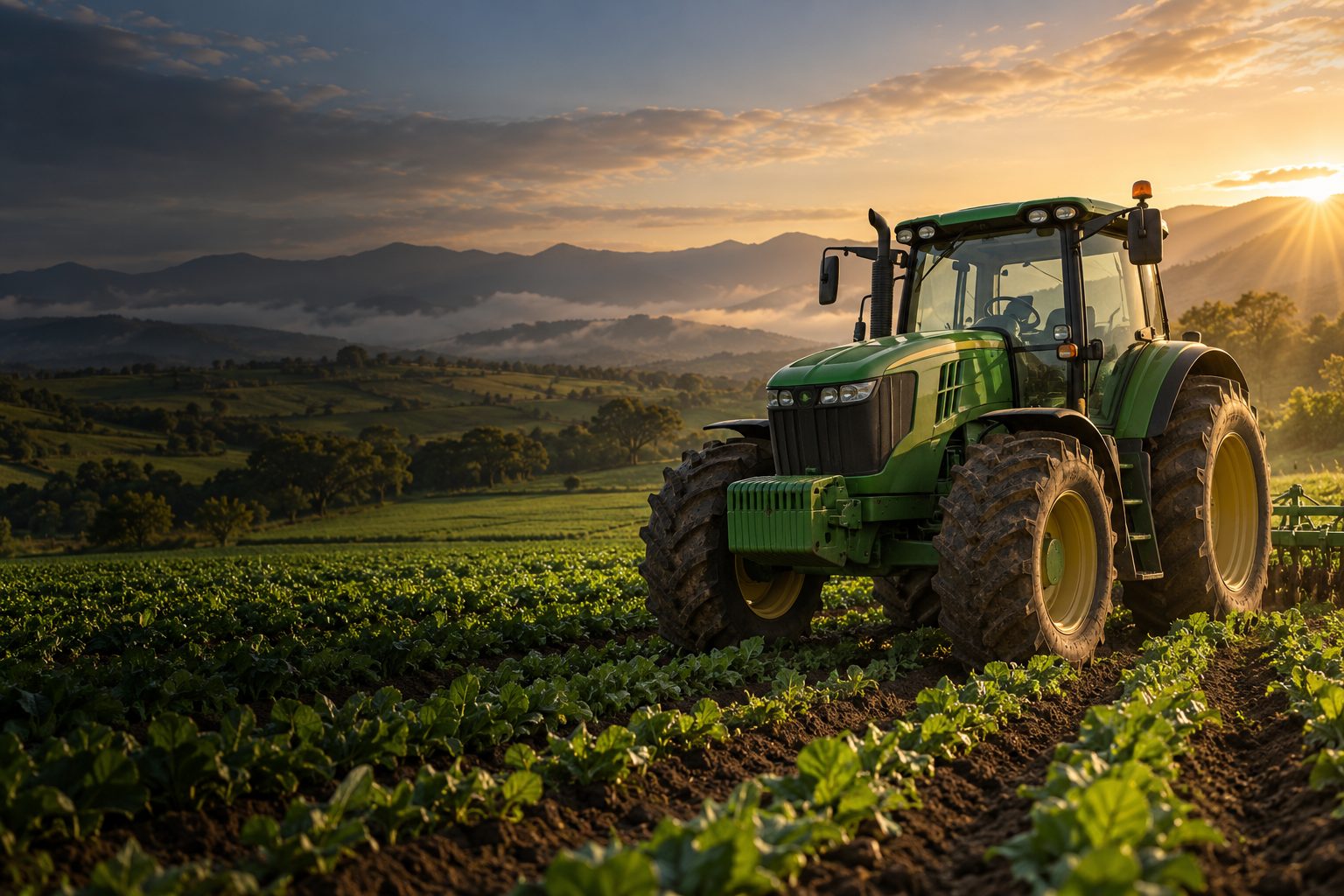 Tractor verde en un campo cultivado de paisaje andino, imagen ilustrativa
