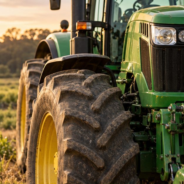Tractor agrícola verde en un patio rural, imagen ilustrativa